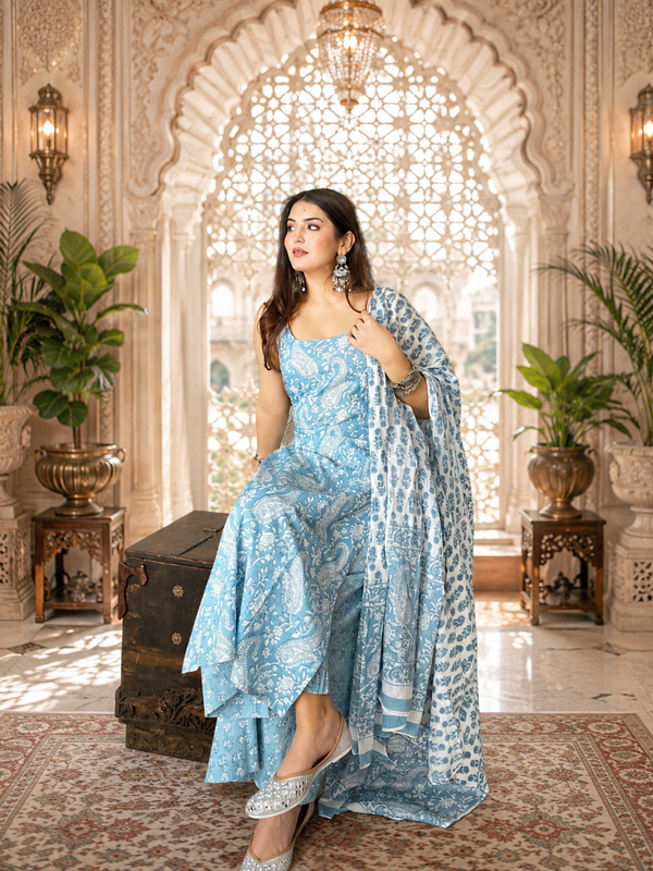 Blue Printed Cotton Rayon Suit Set for Women