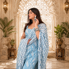 Blue Printed Cotton Rayon Suit Set for Women
