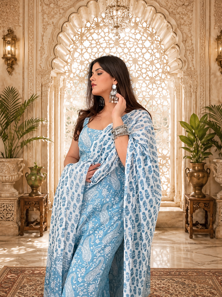 Blue Printed Cotton Rayon Suit Set for Women