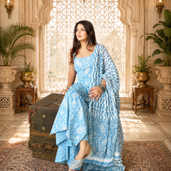 Blue Printed Cotton Rayon Suit Set for Women
