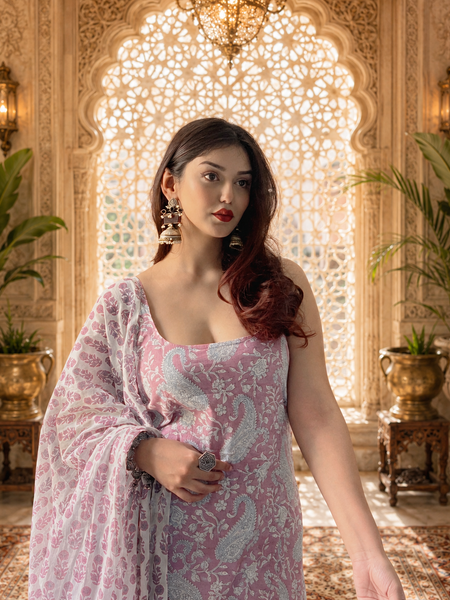 Pink Printed Cotton Rayon Suit Set for Women