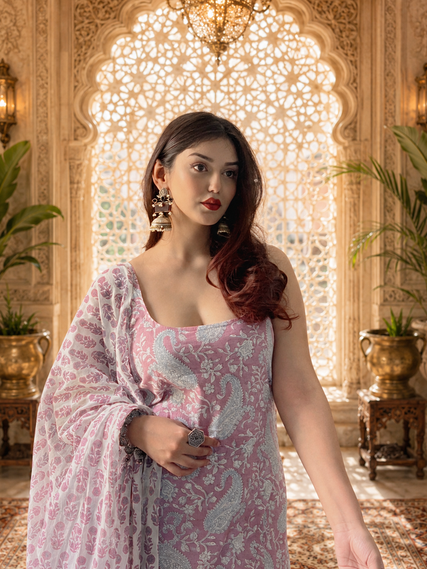 Pink Printed Cotton Rayon Suit Set for Women