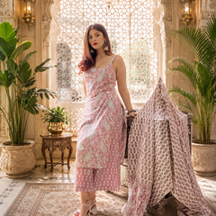 Pink Printed Cotton Rayon Suit Set for Women