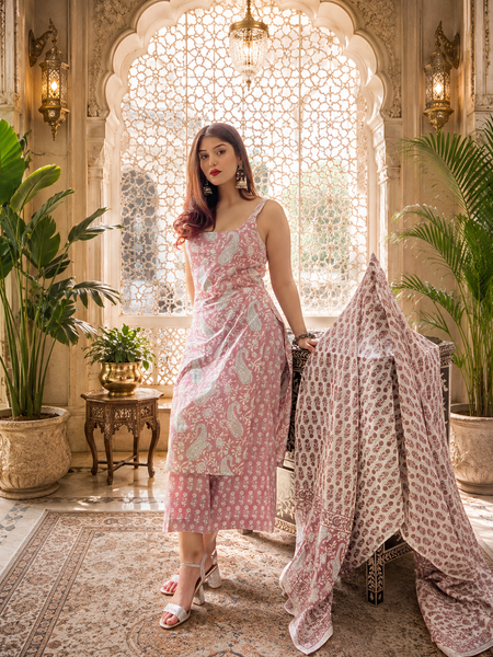 Pink Printed Cotton Rayon Suit Set for Women