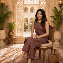 Brown Solid Rayon Co-ord Set for Women