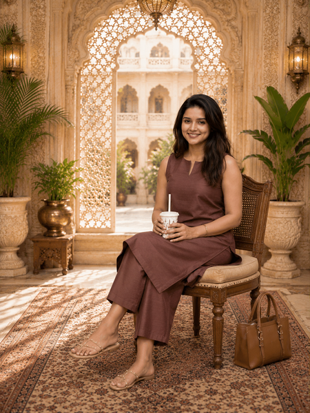 Brown Solid Rayon Co-ord Set for Women