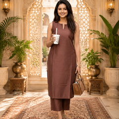 Brown Solid Rayon Co-ord Set for Women