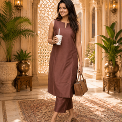 Brown Solid Rayon Co-ord Set for Women