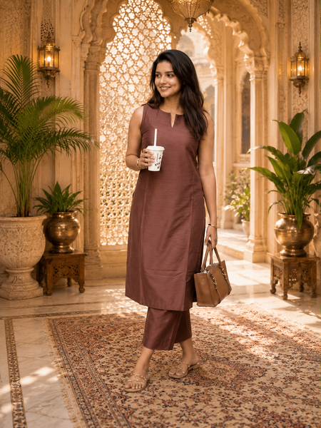 Brown Solid Rayon Co-ord Set for Women