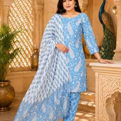 Sky Blue Printed Cotton Rayon Suit Set for Women