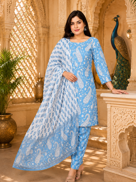 Sky Blue Printed Cotton Rayon Suit Set for Women