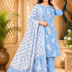 Sky Blue Printed Cotton Rayon Suit Set for Women