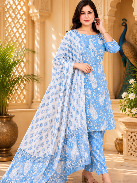 Sky Blue Printed Cotton Rayon Suit Set for Women