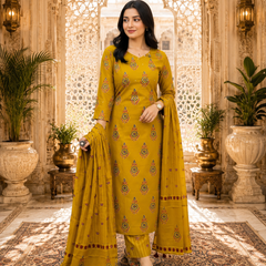 Mustard Floral Printed Rayon Kurta Pant & Dupatta Suit Set