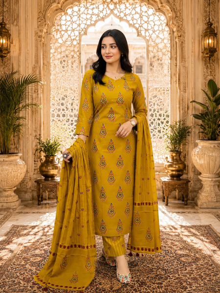 Mustard Floral Printed Rayon Kurta Pant & Dupatta Suit Set