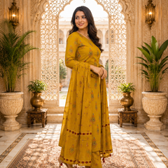 Mustard Floral Printed Rayon Kurta Pant & Dupatta Suit Set