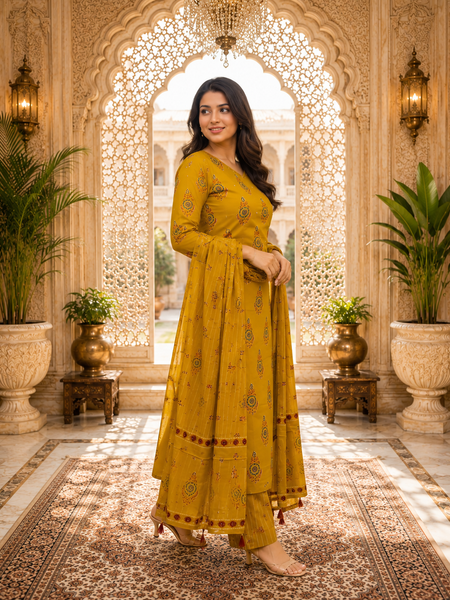 Mustard Floral Printed Rayon Kurta Pant & Dupatta Suit Set