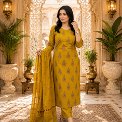 Mustard Floral Printed Rayon Kurta Pant & Dupatta Suit Set