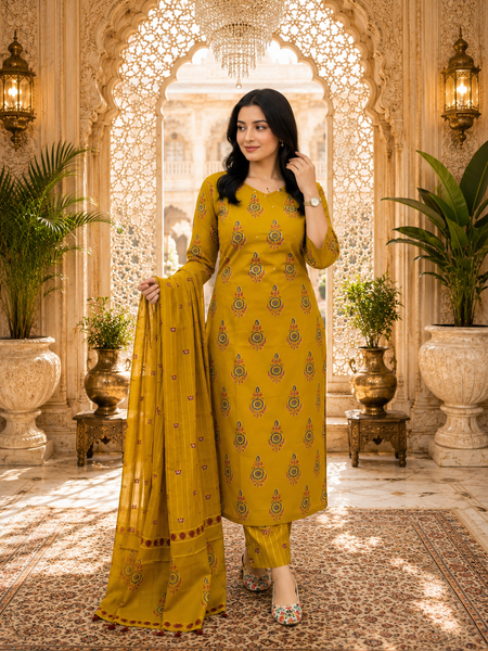 Mustard Floral Printed Rayon Kurta Pant & Dupatta Suit Set