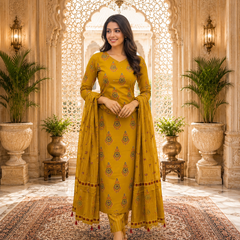 Mustard Floral Printed Rayon Kurta Pant & Dupatta Suit Set