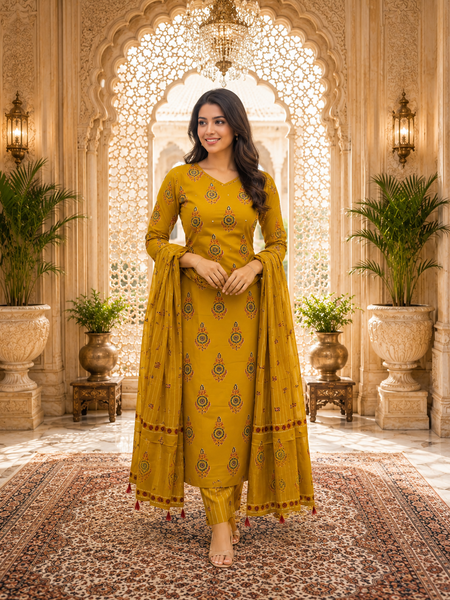 Mustard Floral Printed Rayon Kurta Pant & Dupatta Suit Set