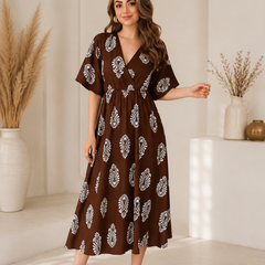 Brown Floral Printed V-Neck Viscose Rayon Flared Kurta