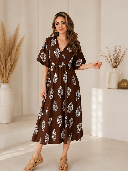 Brown Floral Printed V-Neck Viscose Rayon Flared Kurta