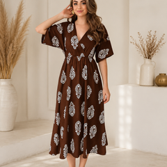 Brown Floral Printed V-Neck Viscose Rayon Flared Kurta