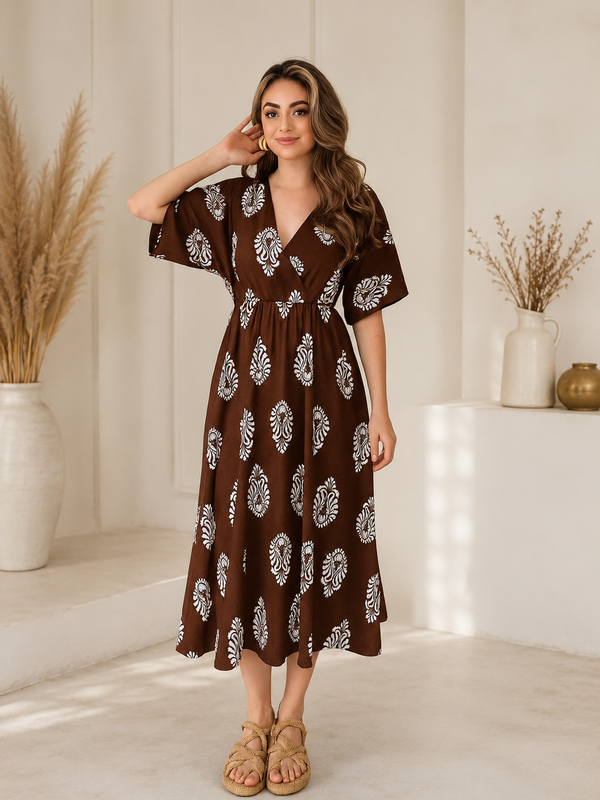 Brown Floral Printed V-Neck Viscose Rayon Flared Kurta