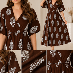 Brown Floral Printed V-Neck Viscose Rayon Flared Kurta