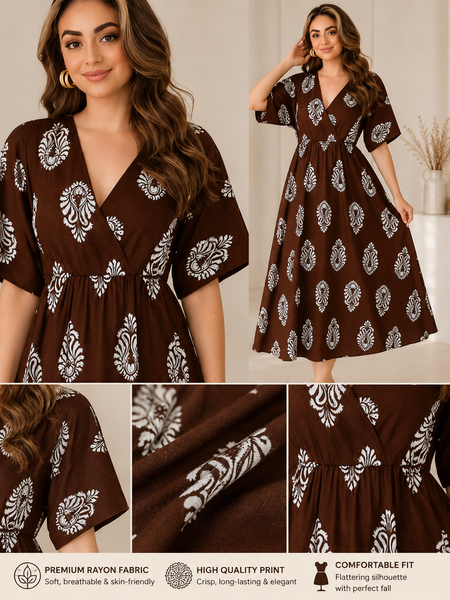 Brown Floral Printed V-Neck Viscose Rayon Flared Kurta