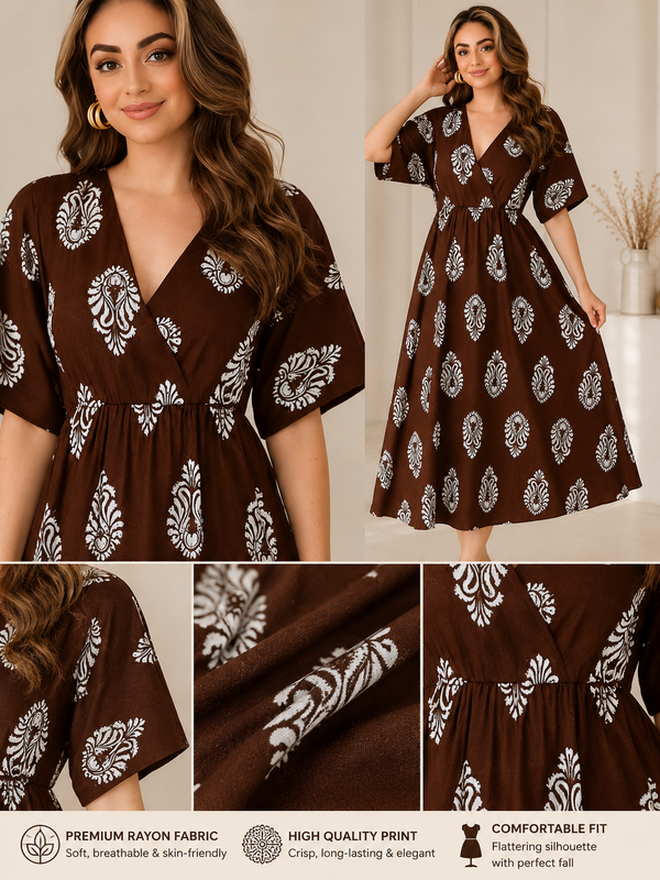 Brown Floral Printed V-Neck Viscose Rayon Flared Kurta