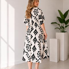 Black Floral Printed Cotton V-Neck Flared Kurta for Women