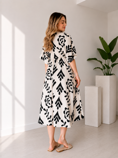 Black Floral Printed Cotton V-Neck Flared Kurta for Women