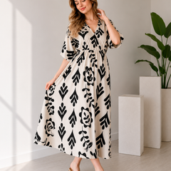 Black Floral Printed Cotton V-Neck Flared Kurta for Women