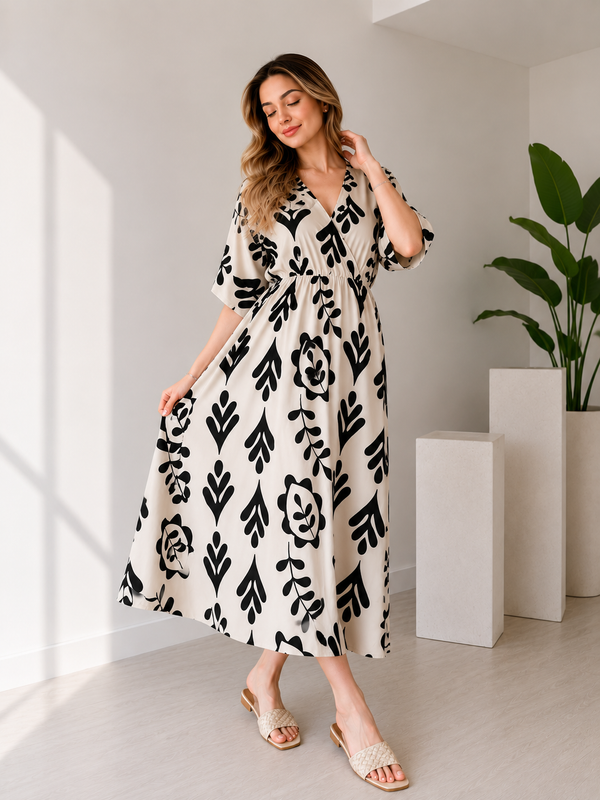 Black Floral Printed Cotton V-Neck Flared Kurta for Women
