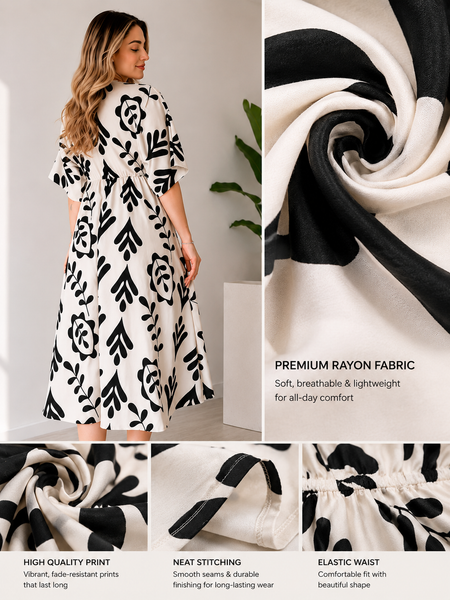 Black Floral Printed Cotton V-Neck Flared Kurta for Women