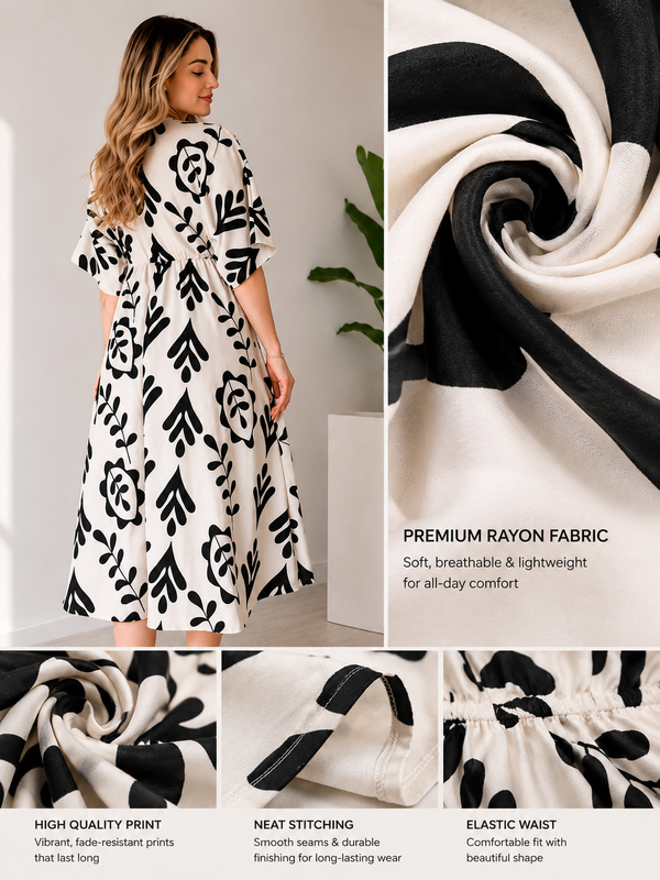 Black Floral Printed Cotton V-Neck Flared Kurta for Women