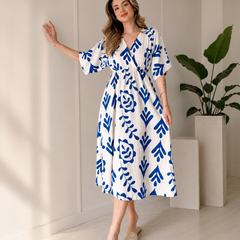 Blue Floral Printed Cotton V-Neck Flared Kurta for Women