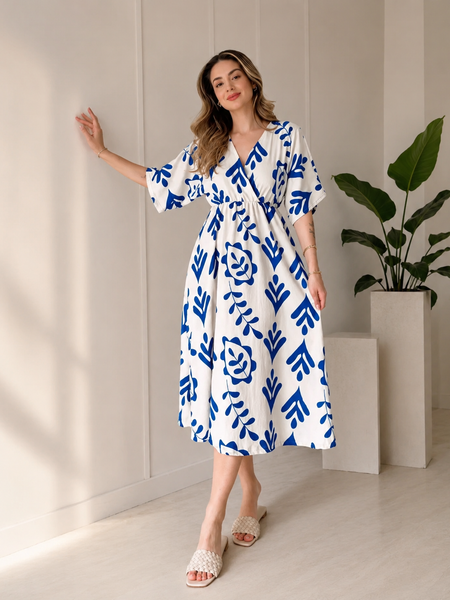 Blue Floral Printed Cotton V-Neck Flared Kurta for Women