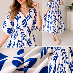 Blue Floral Printed Cotton V-Neck Flared Kurta for Women