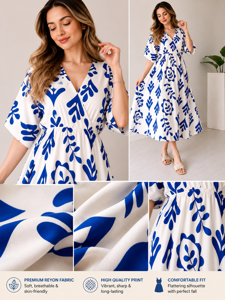 Blue Floral Printed Cotton V-Neck Flared Kurta for Women
