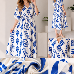 Blue Floral Printed Cotton V-Neck Flared Kurta for Women