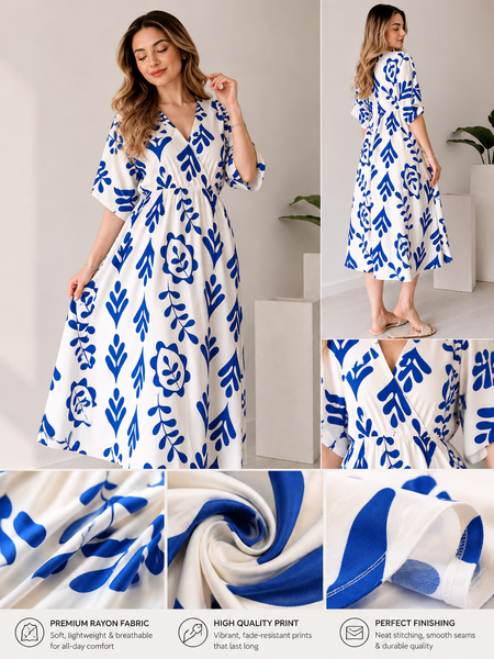 Blue Floral Printed Cotton V-Neck Flared Kurta for Women
