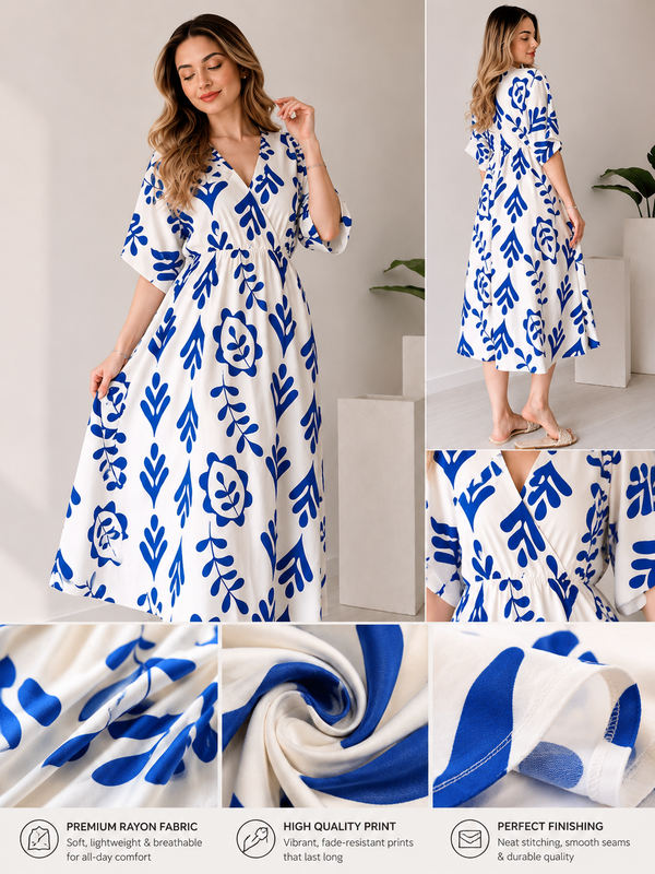 Blue Floral Printed Cotton V-Neck Flared Kurta for Women