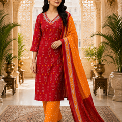 Orange Floral Printed Cotton Kurta Pant & Dupatta Suit Set