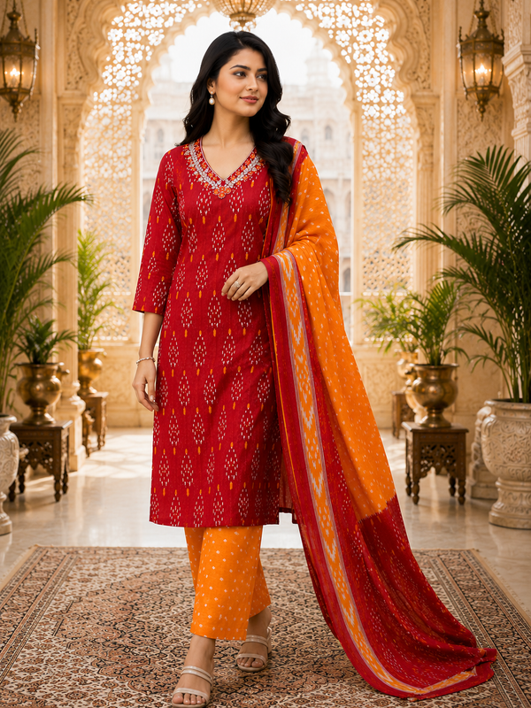 Orange Floral Printed Cotton Kurta Pant & Dupatta Suit Set