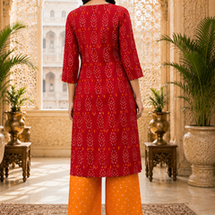 Orange Floral Printed Cotton Kurta Pant & Dupatta Suit Set