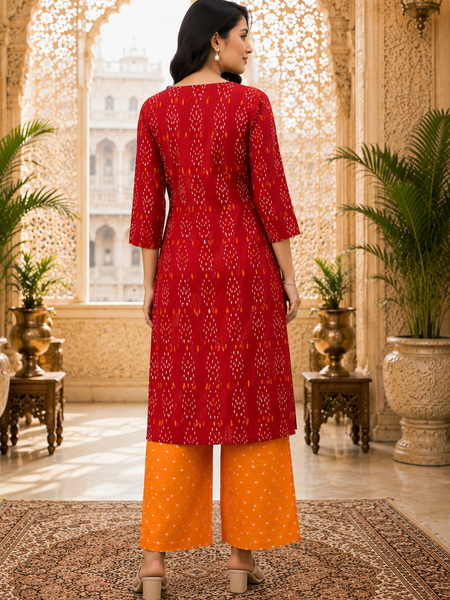 Orange Floral Printed Cotton Kurta Pant & Dupatta Suit Set