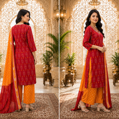 Orange Floral Printed Cotton Kurta Pant & Dupatta Suit Set